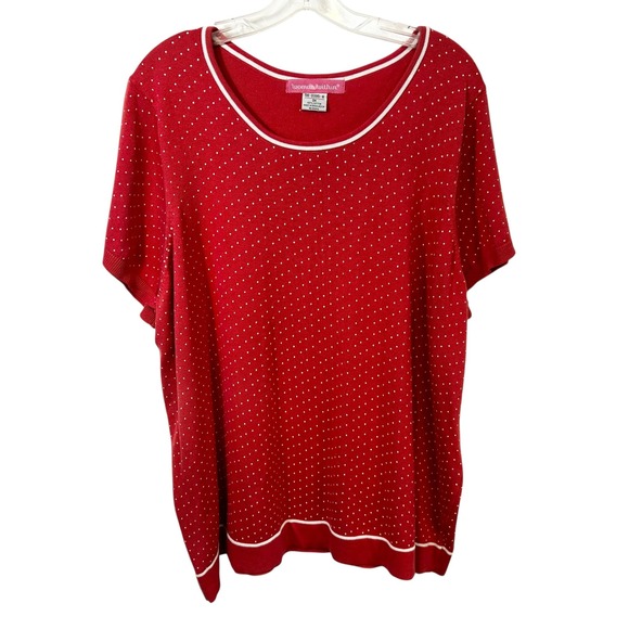 Woman Within Tops - WoWoman Within Plus Size 3X Top Red White Polka Dot Cotton Short Sleeve 1833